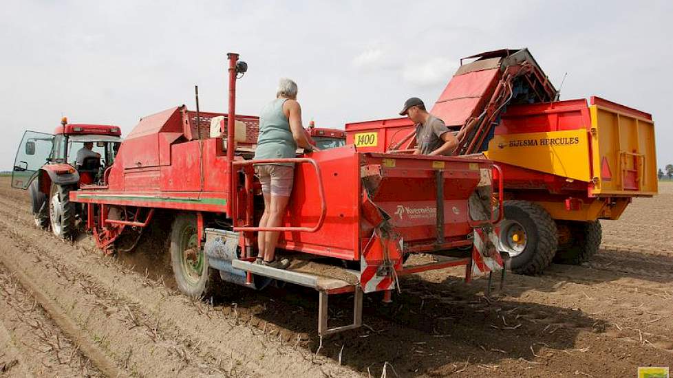 Achter op de rooier staan echtgenote Jozé van Dijke en schoonzoon Corné Hack. Deze richten zich vooral op het verwijderen van de moederknollen. ‘De aardappelen zitten dieper dit jaar, waardoor de rooier meer werk moet verzetten. Hierdoor duurt het ook lan