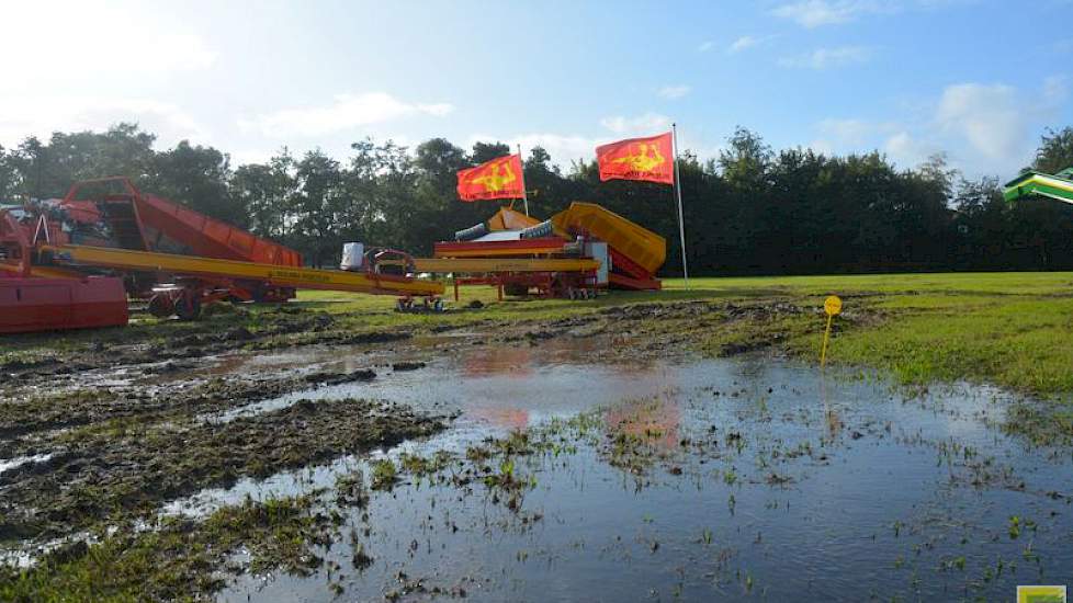 De vlaggen staan strak in de harde wind.