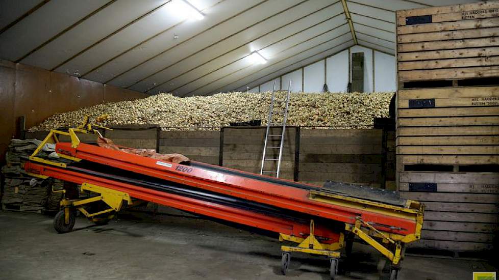 De uien liggen losgestort in de bewaring en op de dag van aflevering draait Hadders ze in de schuur in kisten. „Dan ben je flexibeler en sneller klaar met afleveren. Je hoeft niet te wachten op een vrachtwagen, je kunt ondertussen al de kisten vullen.” Vr