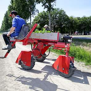 Voor het transport van de selectiekar hebben de akkerbouwers een aanhangwagen achter de auto. 'Zeker voor de langere afstanden gaat hij op de kar.'