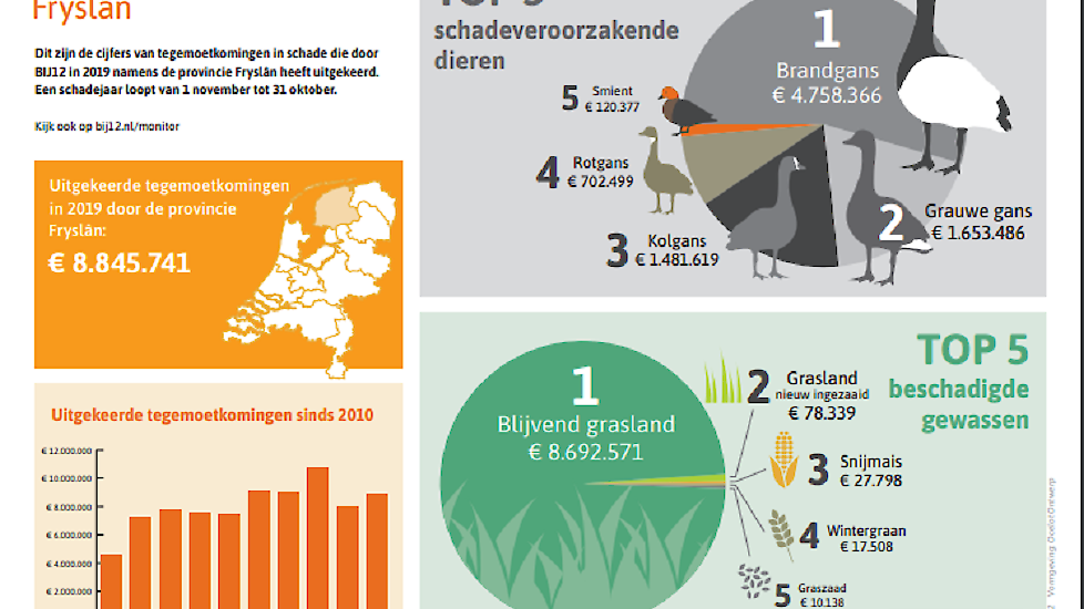 BIJ12: ‘De infographic laat het totaal van de tegemoetkomingen in schade zien die door BIJ12 in 2019 is uitgekeerd. Het gaat om schade die heeft plaatsgevonden tussen 1 november 2018 tot 1 november 2019. De infographic laat niet de totale faunaschade in N